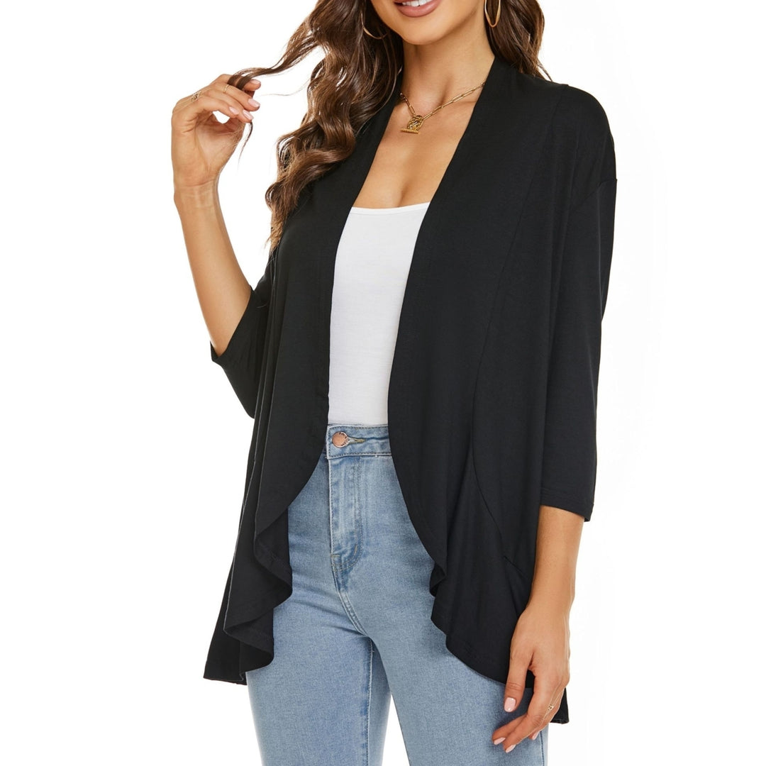 Cardigan for Women 3/4 Sleeves Open Front Lightweight Cardigan Casual Draped Ruffles Image 8