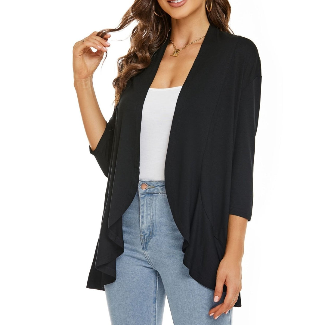Cardigan for Women 3/4 Sleeves Open Front Lightweight Cardigan Casual Draped Ruffles Image 1