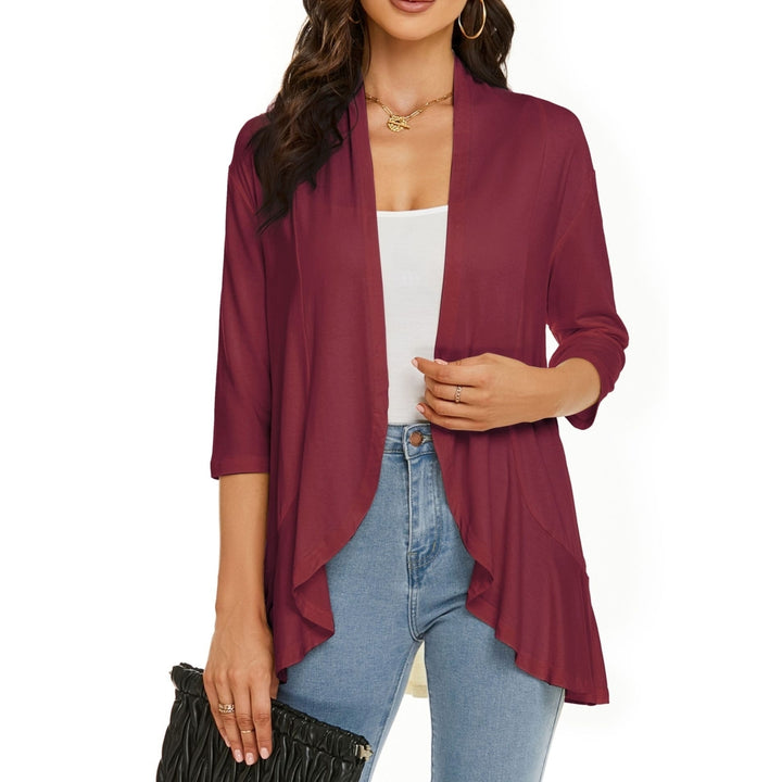Cardigan for Women 3/4 Sleeves Open Front Lightweight Cardigan Casual Draped Ruffles Image 9