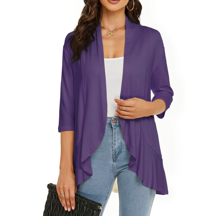 Cardigan for Women 3/4 Sleeves Open Front Lightweight Cardigan Casual Draped Ruffles Image 10