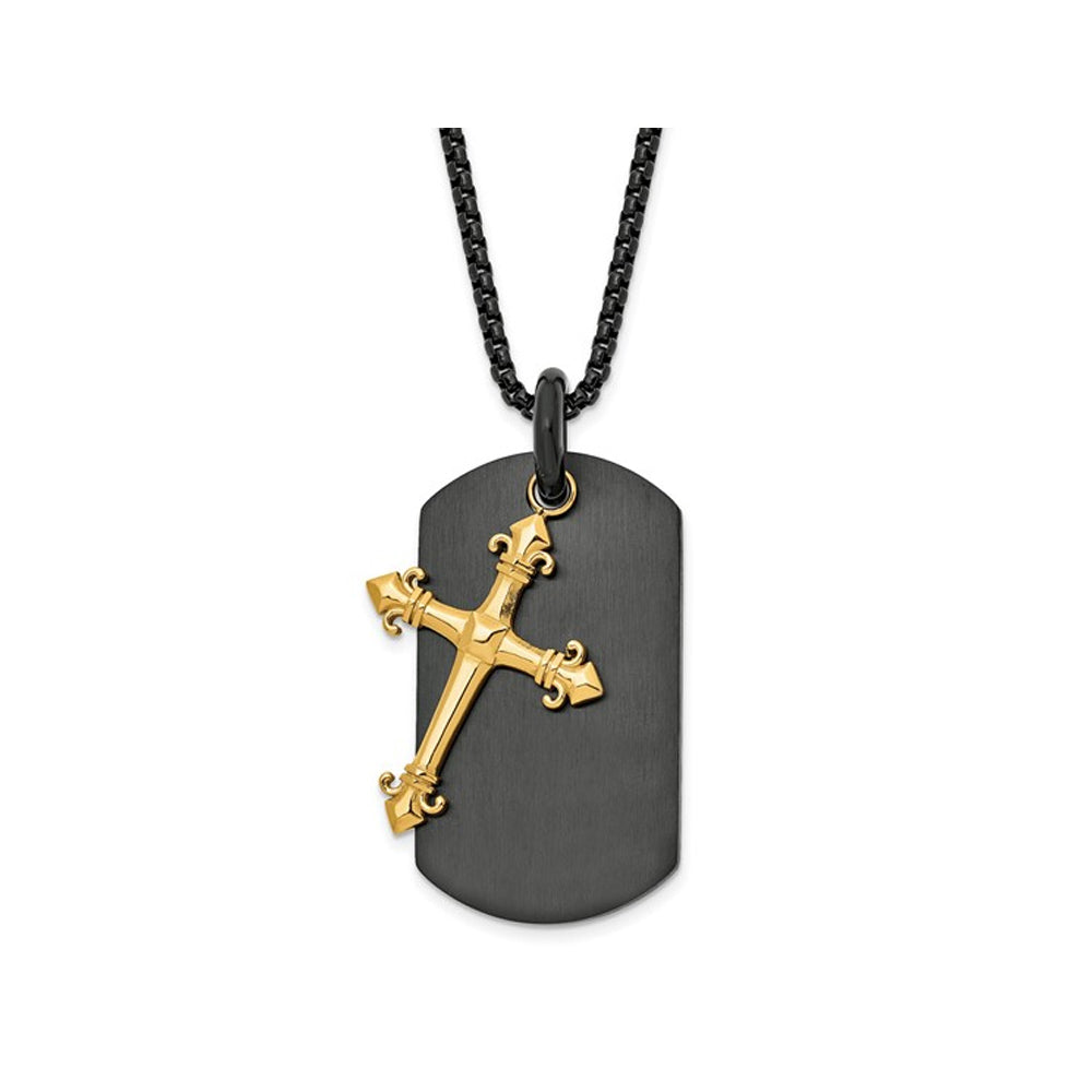 Mens Stainless Steel Black Dog Tag Cross Pendant Necklace with Chain (24 Inches) Image 1