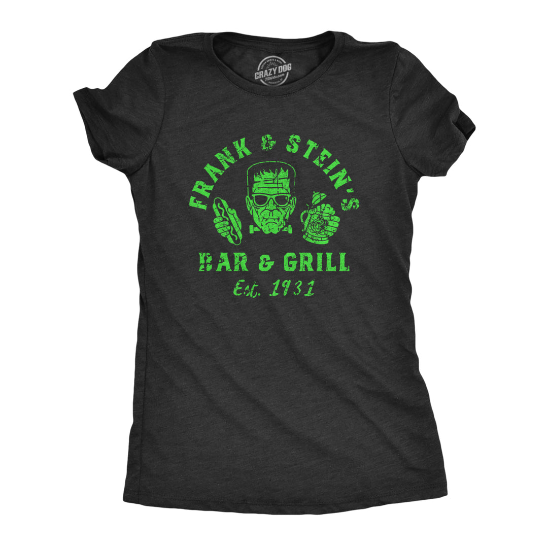 Womens Frank And Steins Bar And Grill T Shirt Funny Frankenstein Halloween Tee For Ladies Image 1