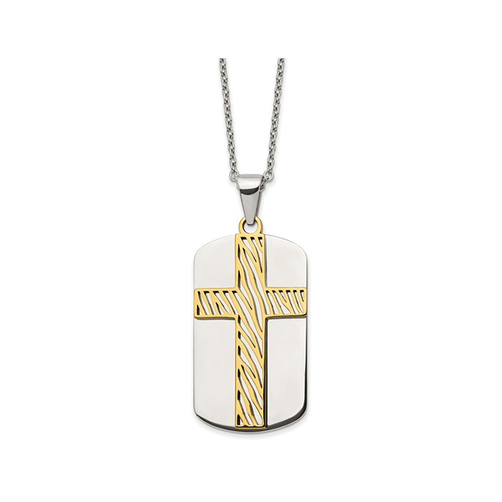 Mens Yellow Plated Stainless Steel Cross Dogtag Pendant Necklace with Chain Image 1