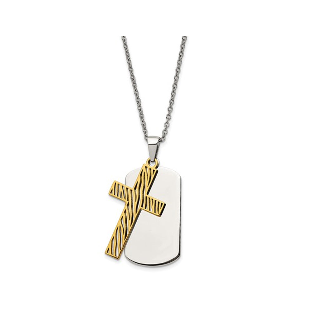 Mens Yellow Plated Stainless Steel Cross Dogtag Pendant Necklace with Chain Image 2