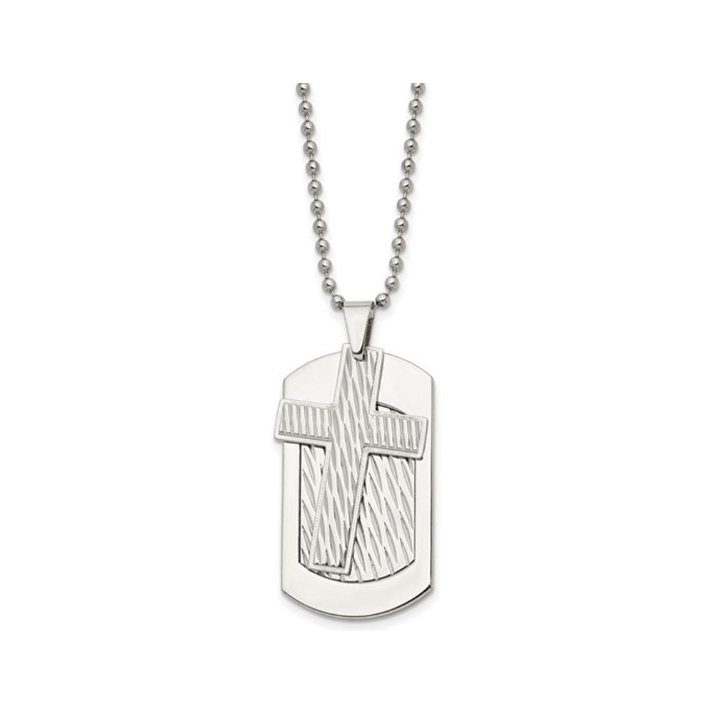 Mens Stainless Steel Cross Dogtag Pendant Necklace with Chain (24 Inches) Image 2