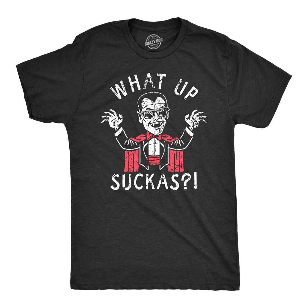 Mens What Up Suckas T Shirt Funny Spooky Halloween Party Vampire Tee For Guys Image 1