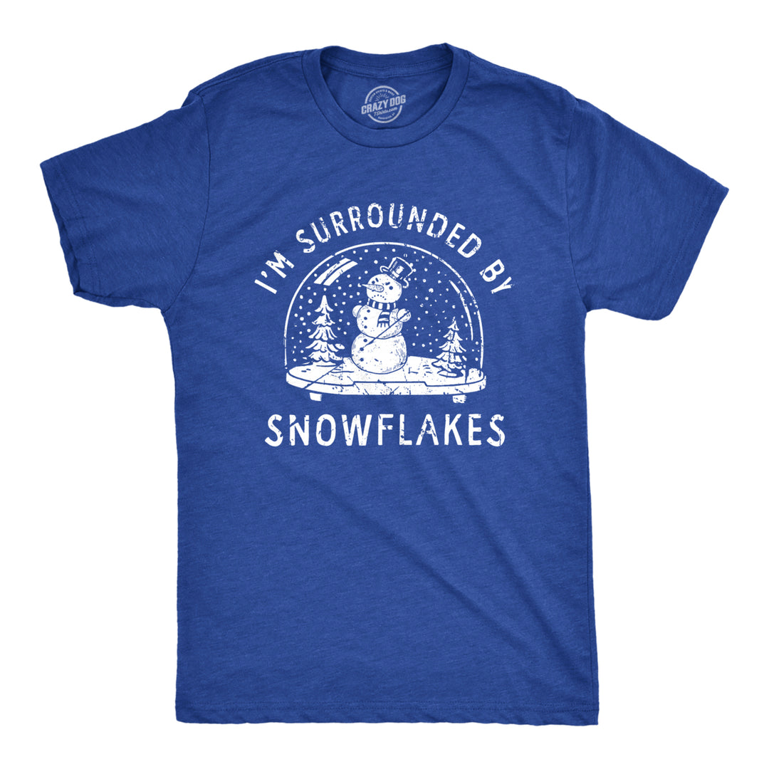 Mens Im Surrounded By Snowflakes T Shirt Funny Winter Snowman Snow Globe Tee For Guys Image 1