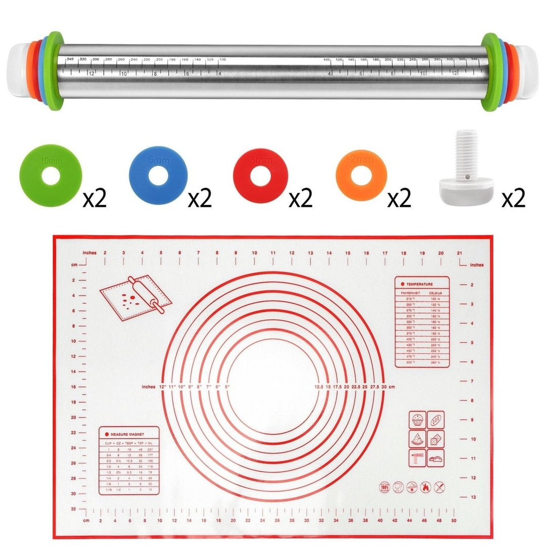 Dough Rolling Pin Dough Roller Stainless Steel Rolling Pins with 4 Removable Adjustable Thickness Rings and Rolling Mat Image 1