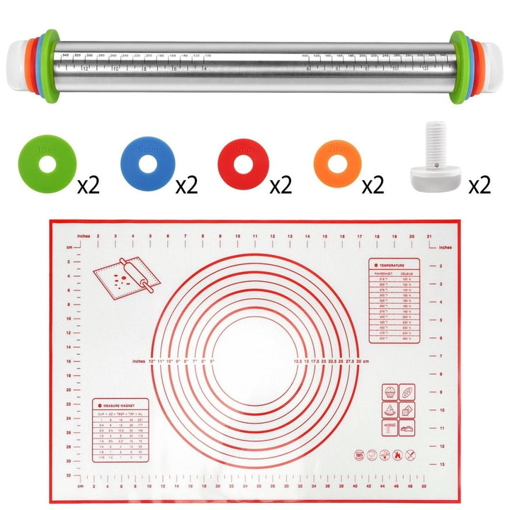 Dough Rolling Pin Dough Roller Stainless Steel Rolling Pins with 4 Removable Adjustable Thickness Rings and Rolling Mat Image 1