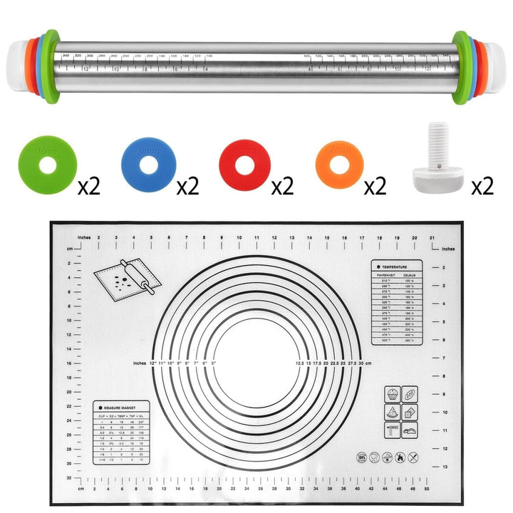 Dough Rolling Pin Dough Roller Stainless Steel Rolling Pins with 4 Removable Adjustable Thickness Rings and Rolling Mat Image 2