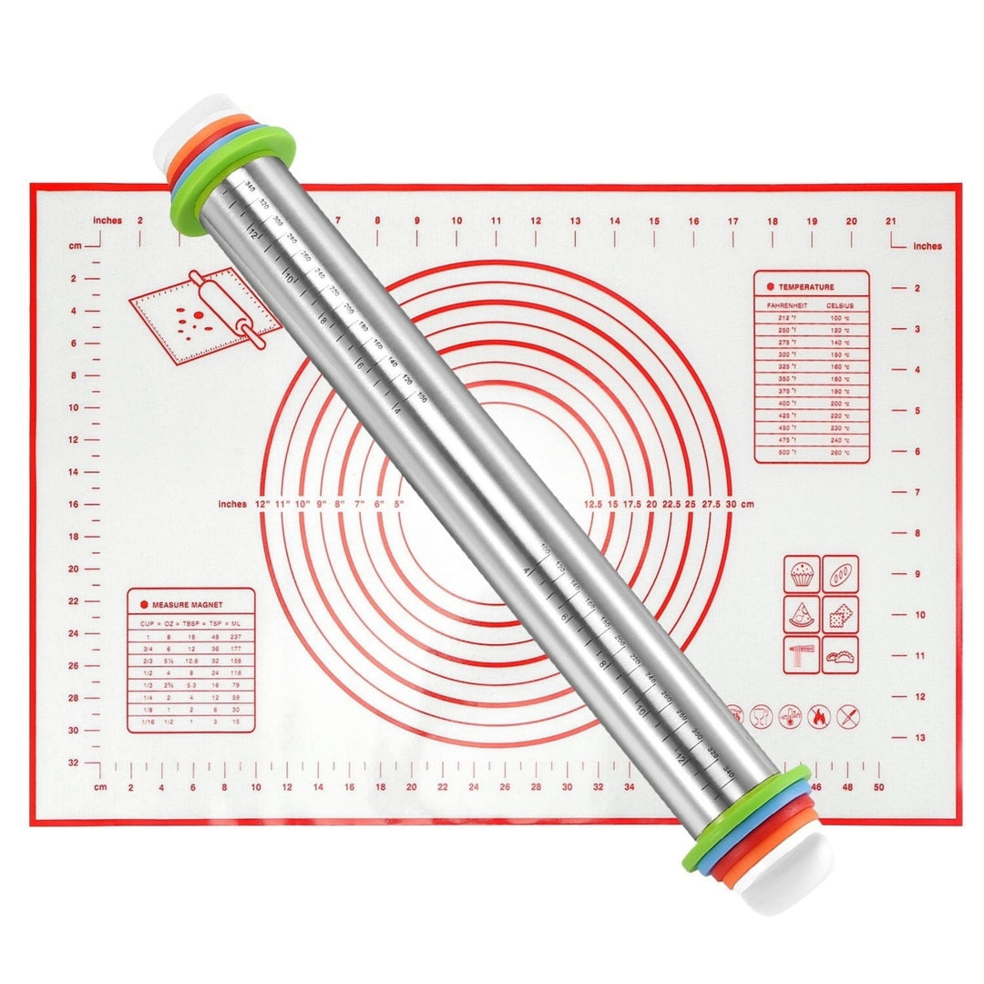 Dough Rolling Pin Dough Roller Stainless Steel Rolling Pins with 4 Removable Adjustable Thickness Rings and Rolling Mat Image 3