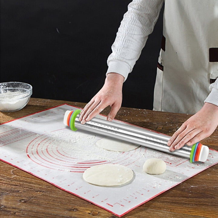 Dough Rolling Pin Dough Roller Stainless Steel Rolling Pins with 4 Removable Adjustable Thickness Rings and Rolling Mat Image 9