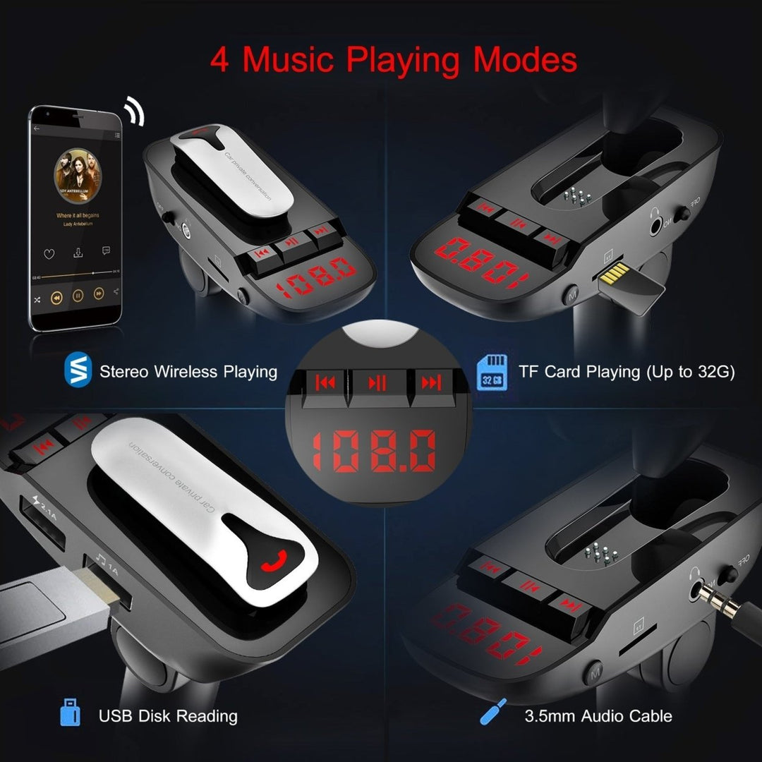 Car FM Transmitter with Wireless Earpiece 2 USB Charge Ports Hands-free Call MP3 Player Image 4