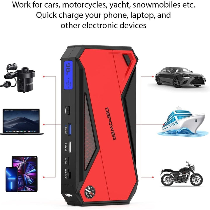 Portable Power Pack for Up to 7.2L Gas and 5.5L Diesel Engines12V Auto Battery Booster with LCD DisplayCompassLED Light Image 11