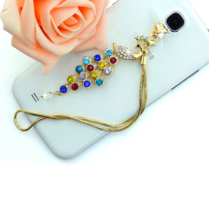 Colorful Crystal Diamond Peacock Dust Cap Pendant for Cell Phone 3.5mm Jack Image 4