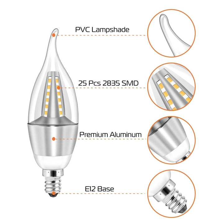 4pcs 5W E12 Candelabra Bulbs 600 LM 50W Equivalent Candle Flame Tip Light Bulb 3000K Warm White Non-Dimmable Lamp Image 4