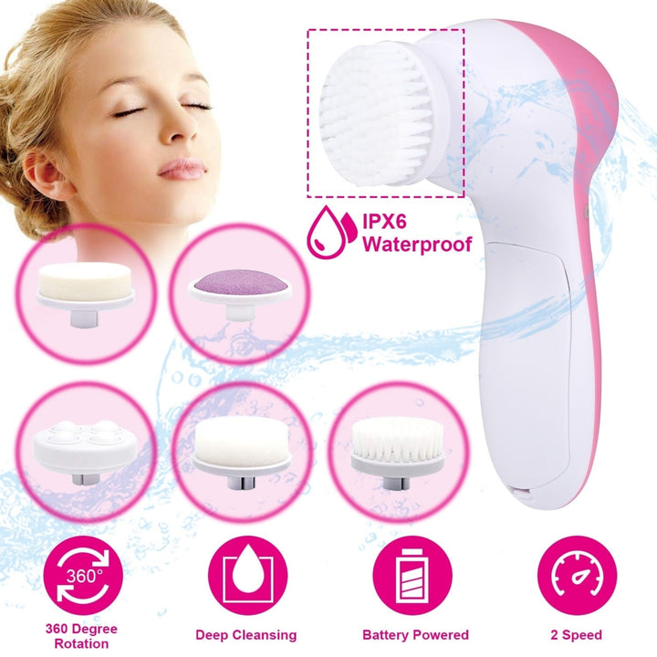 Facial Cleansing Brush Waterproof Face Spin Cleaning Brush with 5 Brush Heads Deep Cleansing Body Facial Brush Image 2