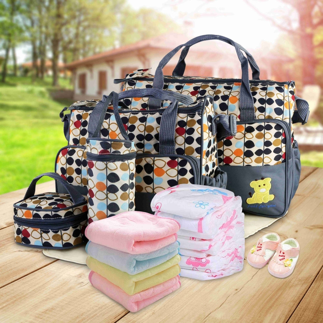 5PCS Baby Nappy Diaper Bags Set Mummy Diaper Shoulder Bags with Nappy Changing Pad Insulated Pockets Travel Tote Bags Image 12