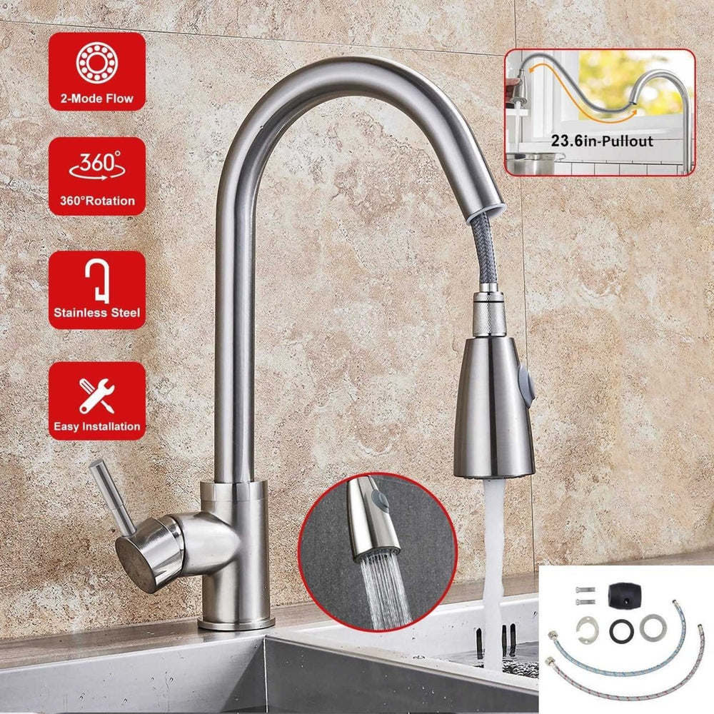 Kitchen Faucets Single Handle Kitchen Sink Faucet Brushed Nickel Stainless Steel Pulldown Head Faucet Image 2