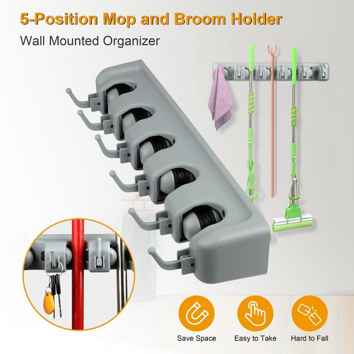 Mop Holder Wall Mount Mop Broom Holder Mop Hanger Organizer Storage Rack with 5-Position Image 2