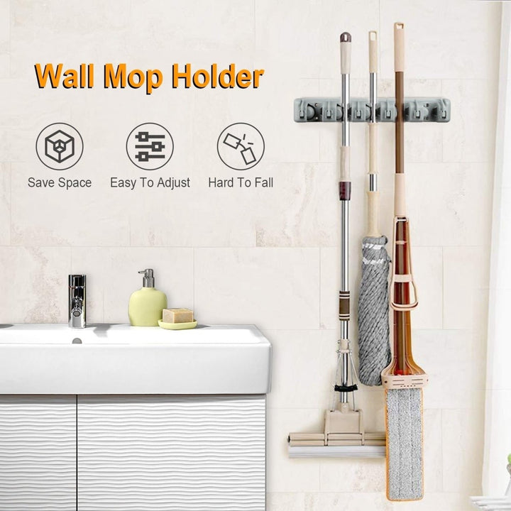 Mop Holder Wall Mount Mop Broom Holder Mop Hanger Organizer Storage Rack with 5-Position Image 3