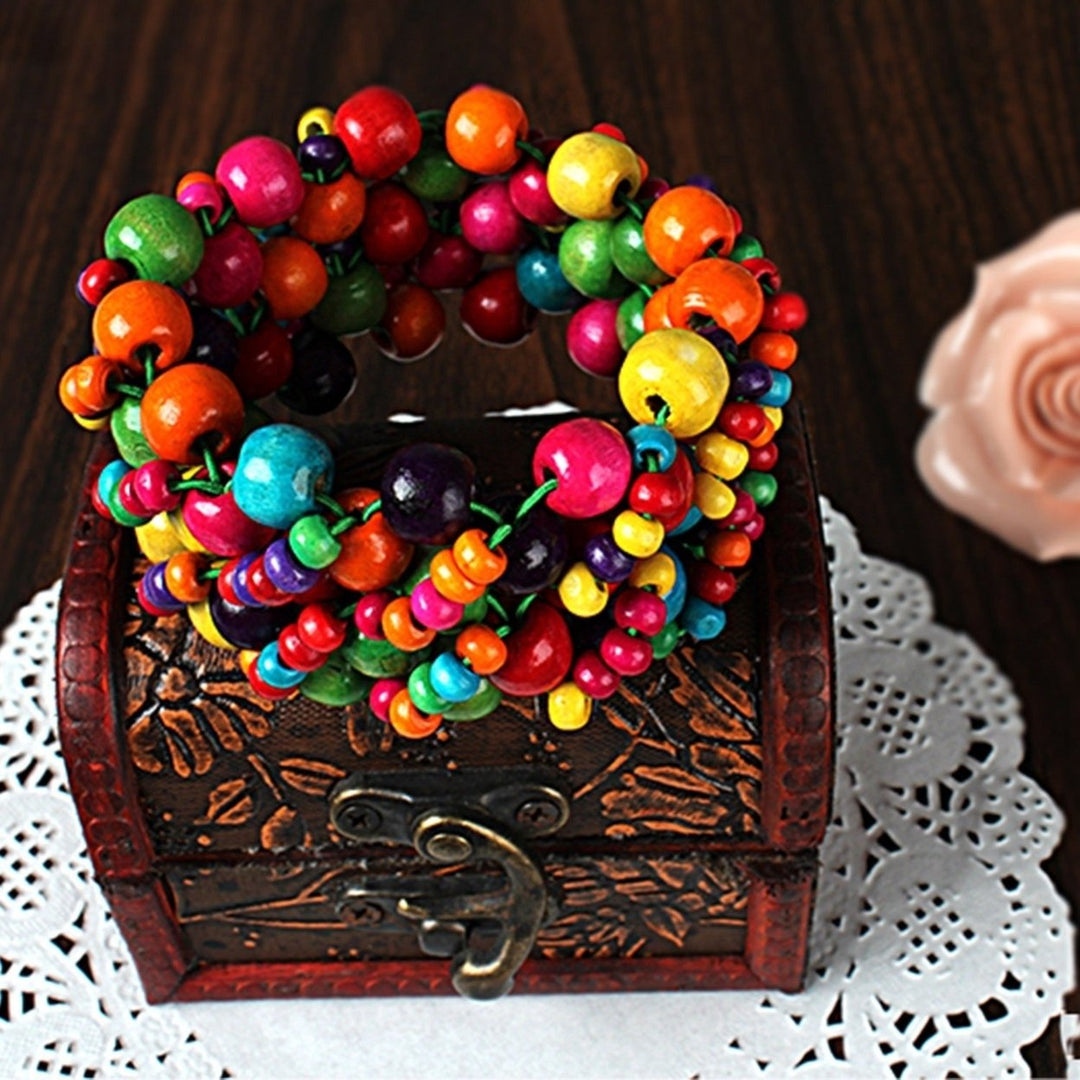 Multi-Color Wooden Beaded Stretchy Bracelet Colorful Exotic Style Elastic Bracelets For Women Girls Children Image 6