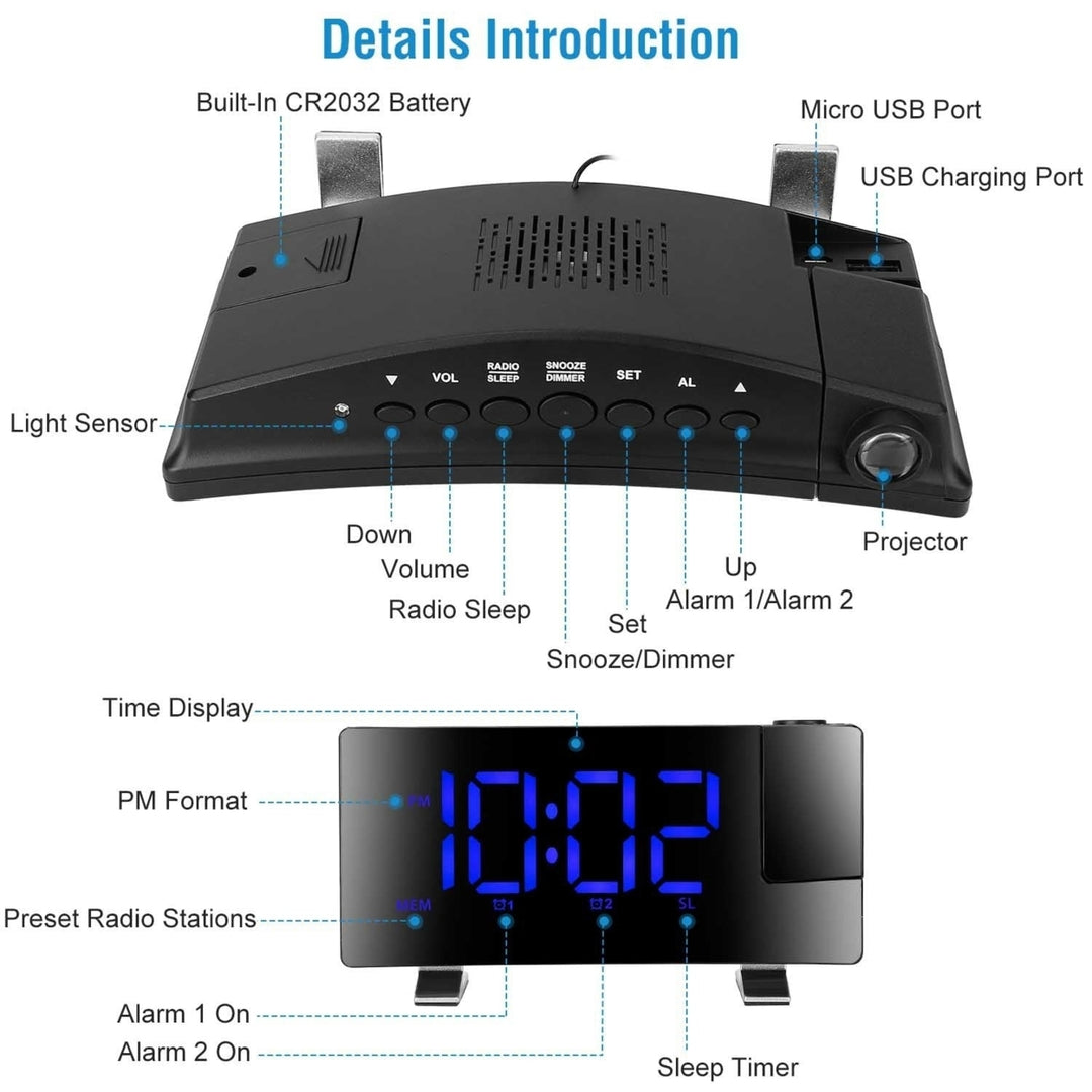 Projection Alarm Clock with Radio Function 7.7In Curved Screen LED Digital Alarm Clock with Dual Alarms 4 Dimmer 12 24 Image 4