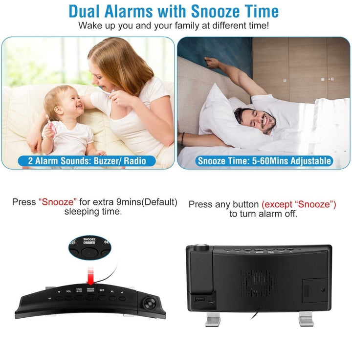 Projection Alarm Clock with Radio Function 7.7In Curved Screen LED Digital Alarm Clock with Dual Alarms 4 Dimmer 12 24 Image 6