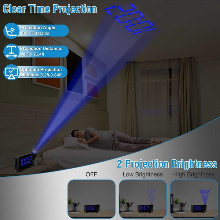 Projection Alarm Clock with Radio Function 7.7In Curved Screen LED Digital Alarm Clock with Dual Alarms 4 Dimmer 12 24 Image 7