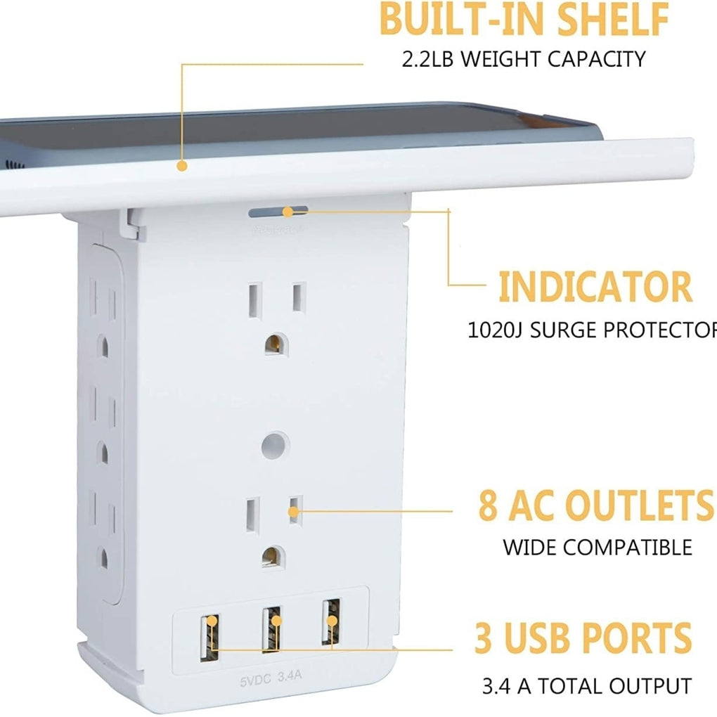 Wall Outlet Extender 2 Pack Surge Protector Multifunctional Outlet Wall Plug with 3 USB Ports 8 AC Outlets Image 3