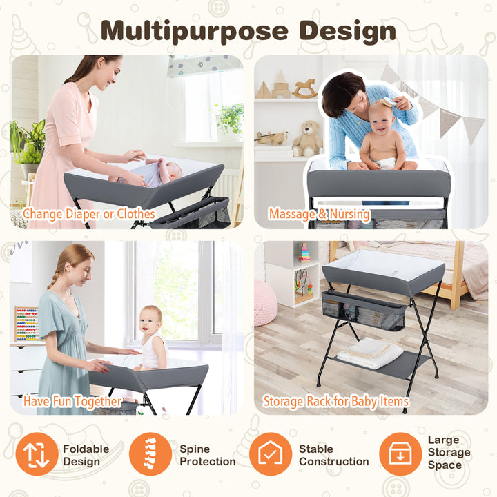 Baby Infant Changing Table Folding Diaper Station Nursery w/ Storage Gray Image 9