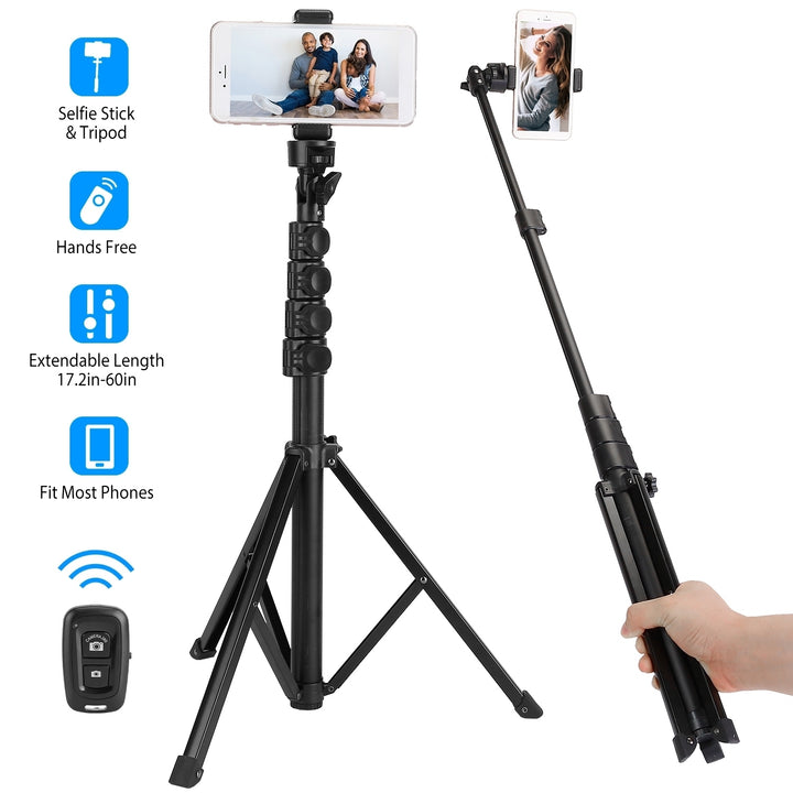 Selfie Stick Tripod Black 60in Extendable Wireless for 6.1-6.8in Phones Image 1