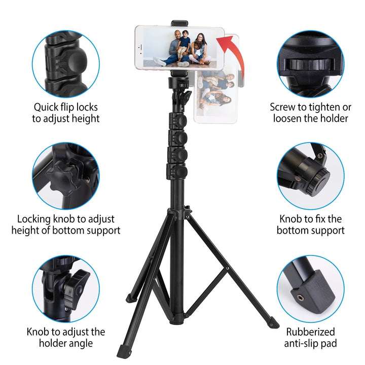 Selfie Stick Tripod Black 60in Extendable Wireless for 6.1-6.8in Phones Image 2