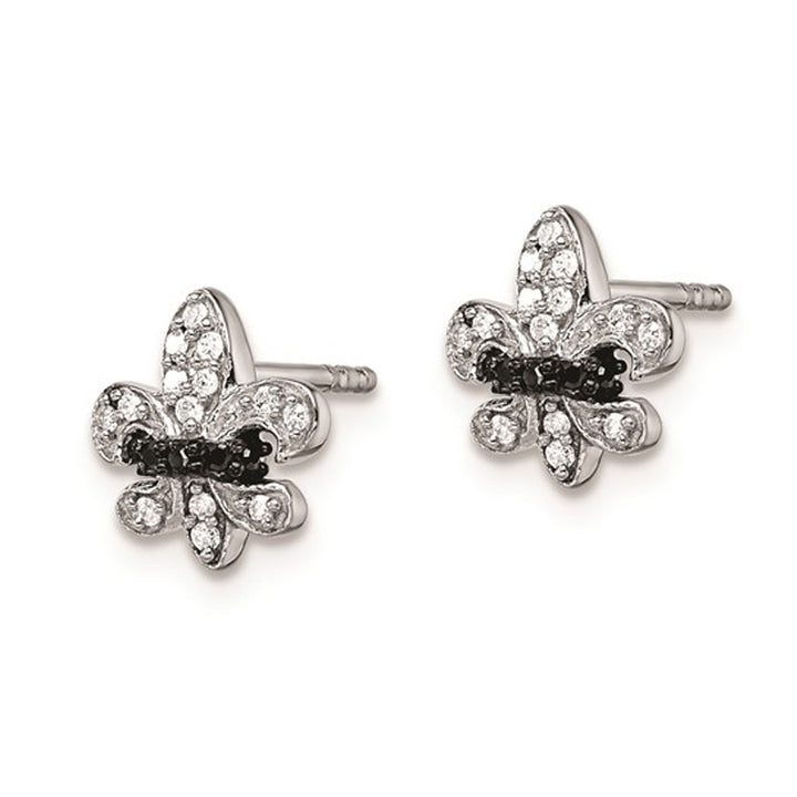 1/7 Carat (ctw) Black and White Diamond Fleur de Lis Earrings in Sterling Silver Image 4