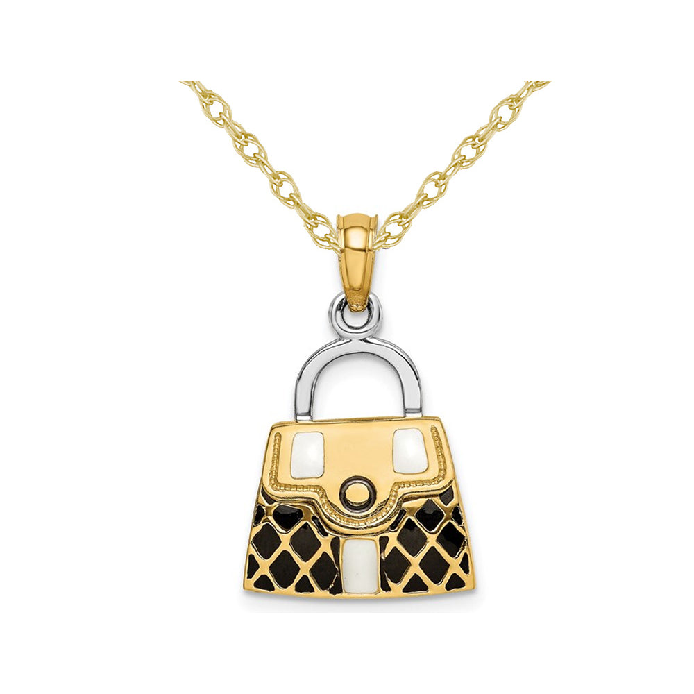 14K Yellow Gold Black Enameled Handbag Charm Pendant Necklace with Chain Image 1