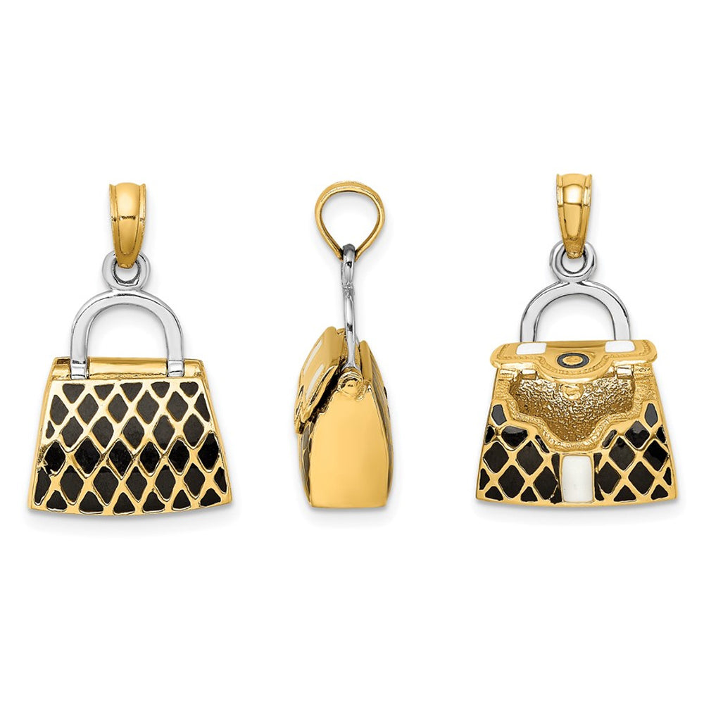 14K Yellow Gold Black Enameled Handbag Charm Pendant Necklace with Chain Image 3