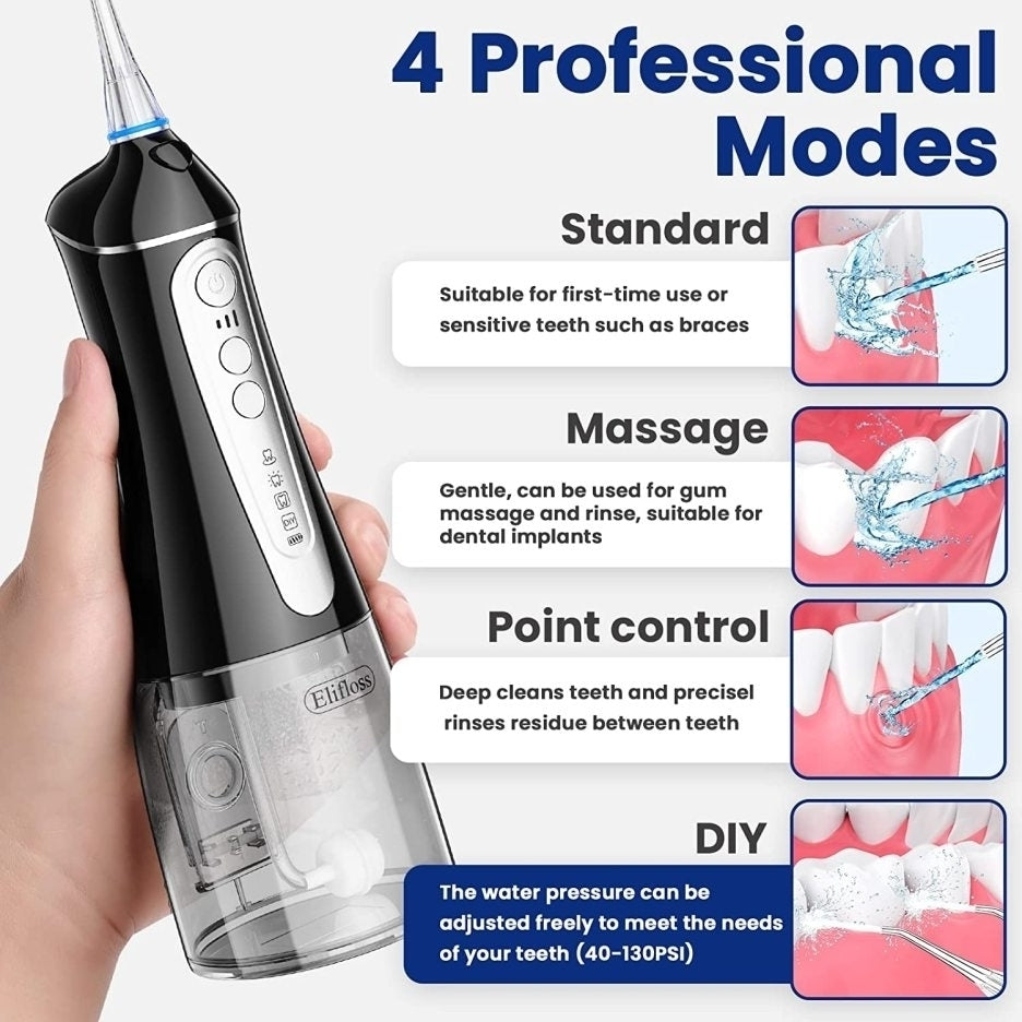 Elifloss Cordless Rechargeable Water Dental Flosser Oral Irrigator with 4 Modes and 7 Tips Image 4