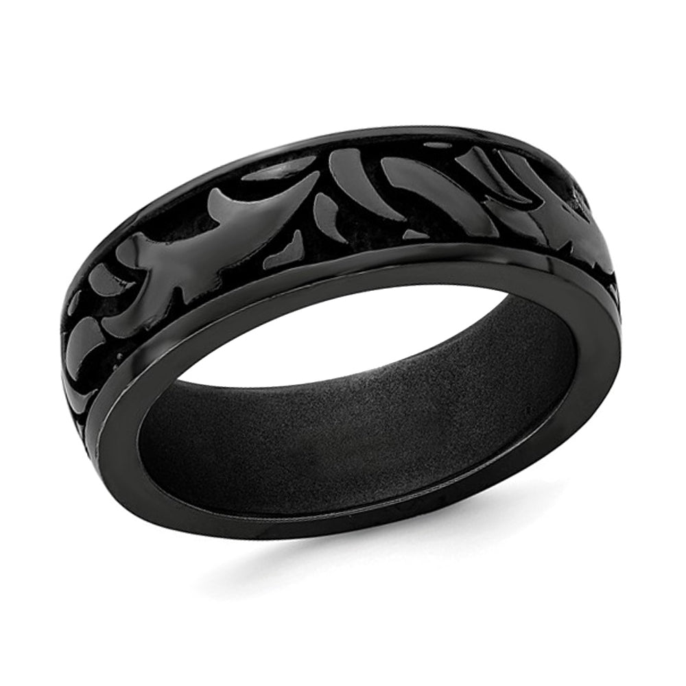 Mens Black Titanium 7mm Pattern Band Ring Image 1