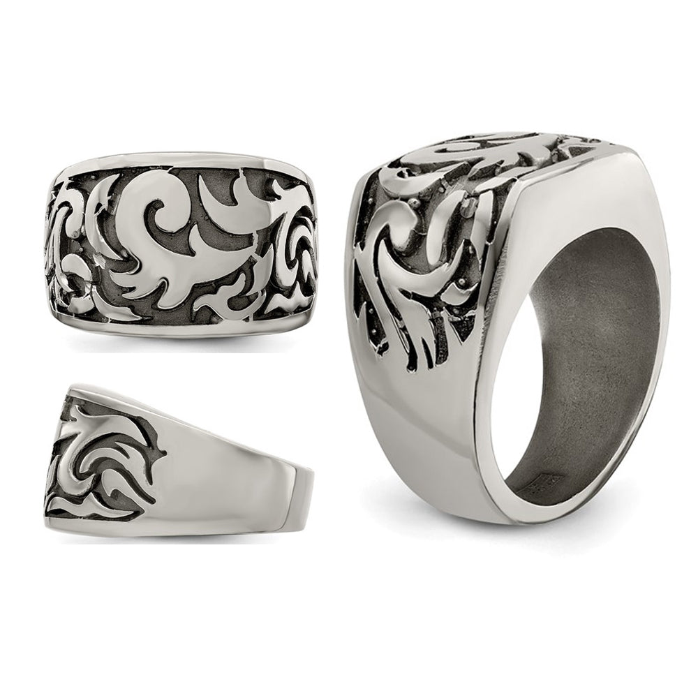 Mens Titanium Pattern Signet Ring Image 2