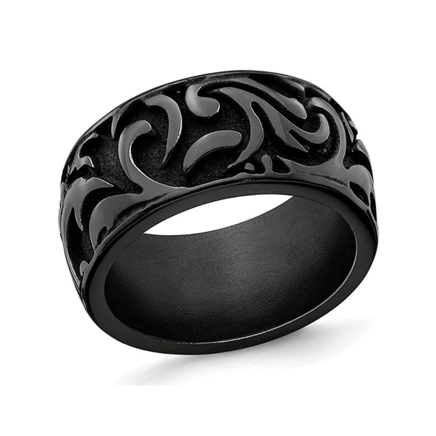 Mens Black Titanium 11mm Pattern Band Ring Image 1