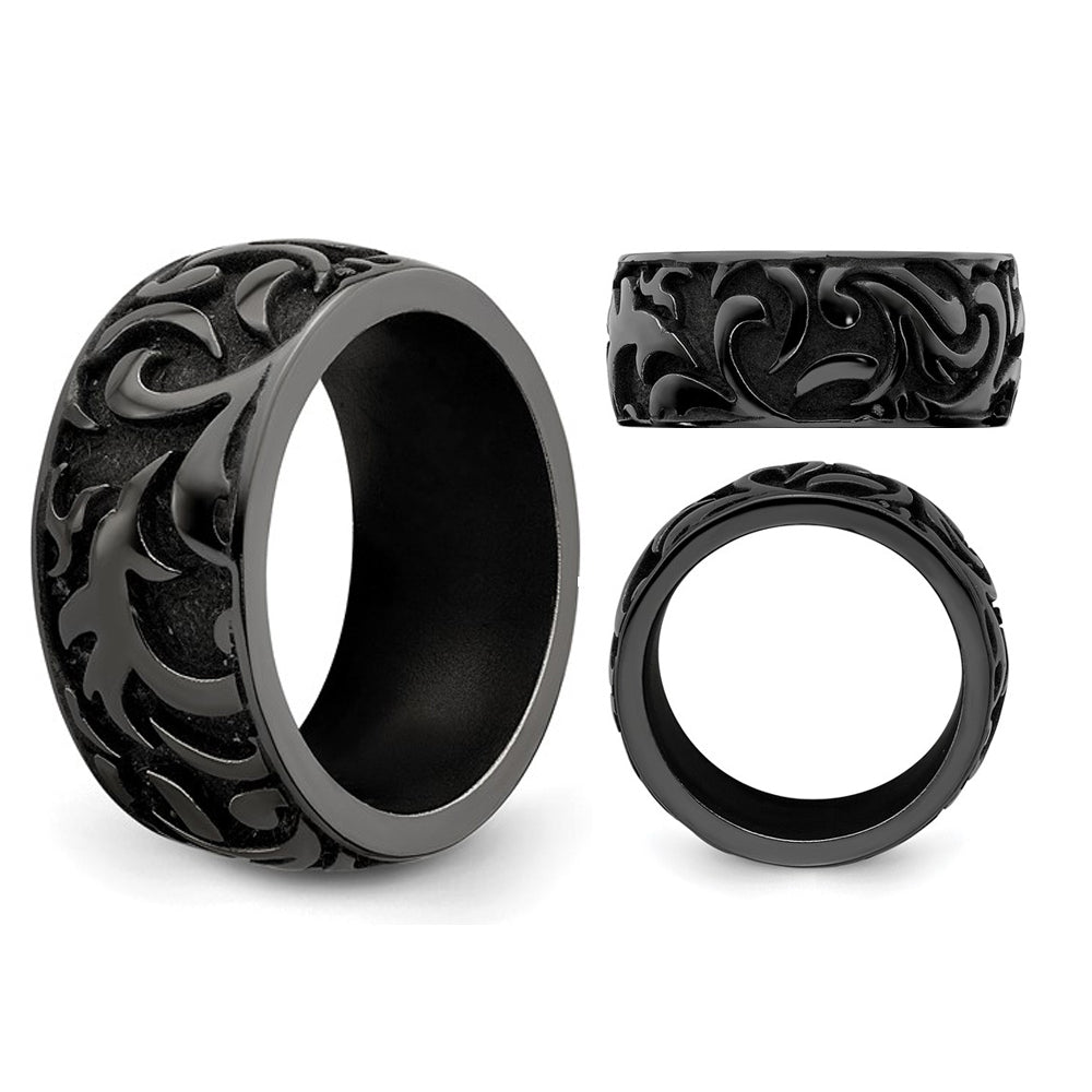 Mens Black Titanium 11mm Pattern Band Ring Image 3