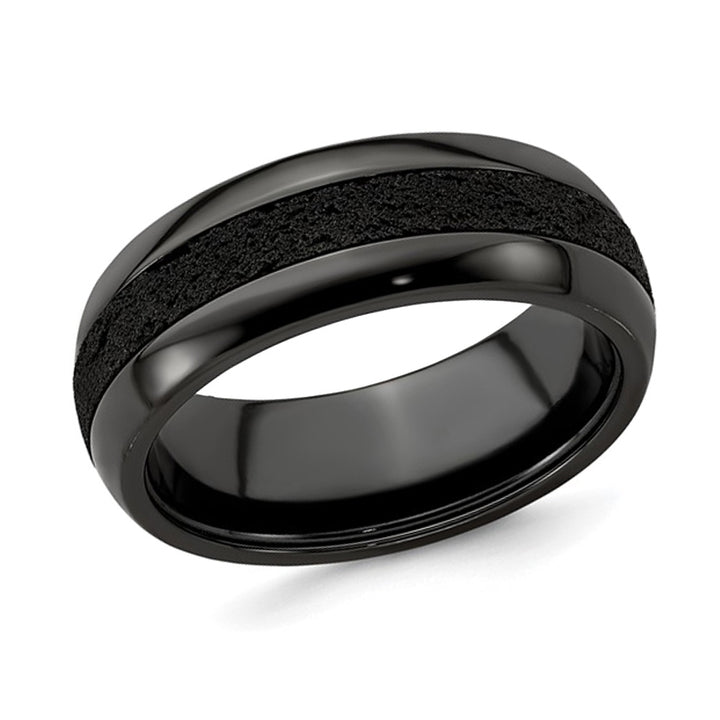 Mens Black Titanium 8mm Pattern Band Ring with Black Crete Image 1