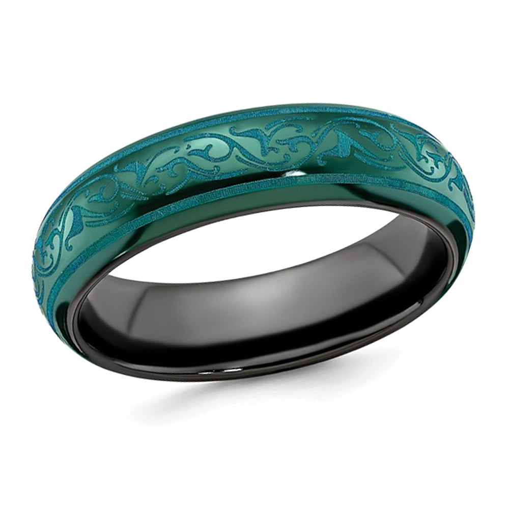 Ladies Black Titanium 6mm Teal Pattern Band Ring Image 1