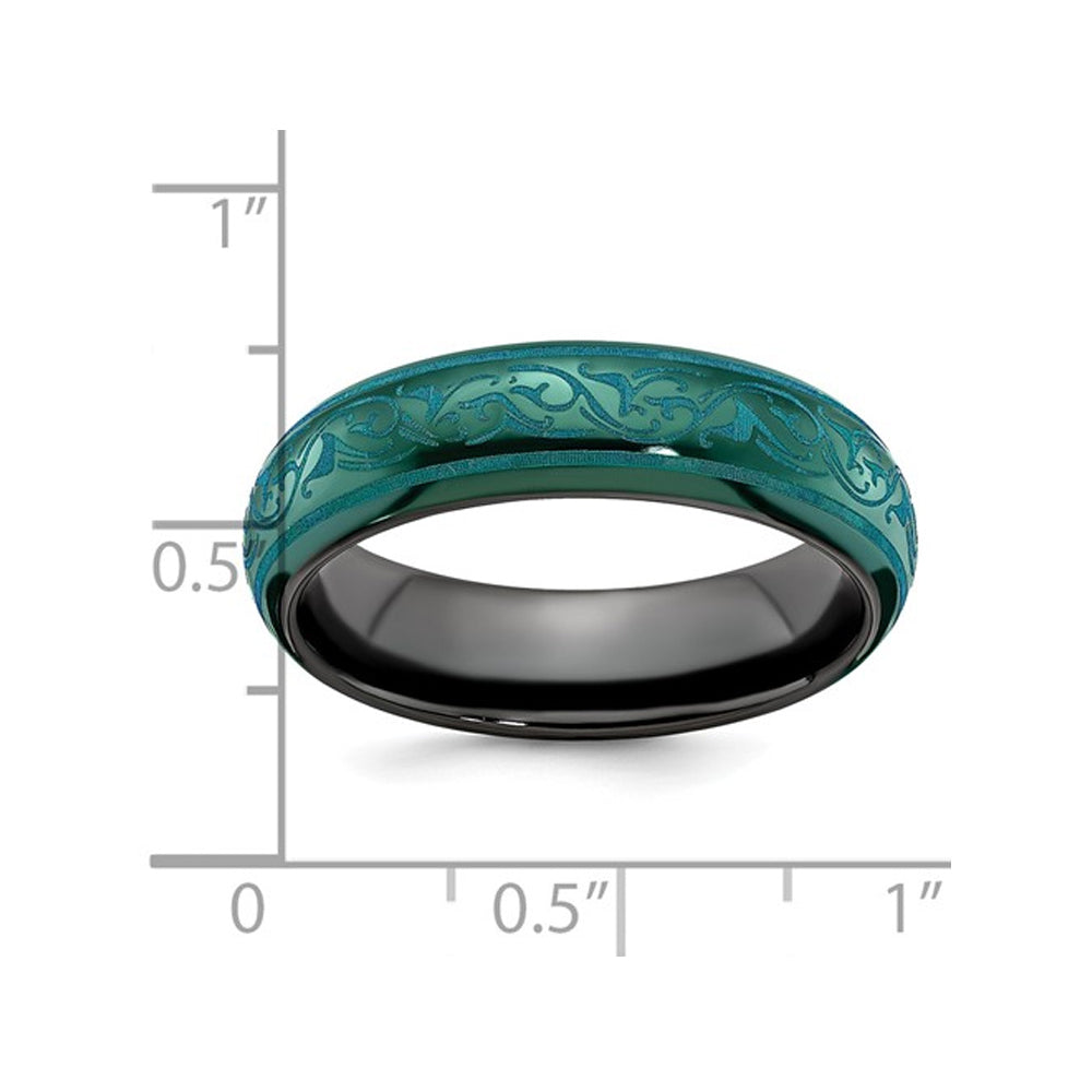 Ladies Black Titanium 6mm Teal Pattern Band Ring Image 4