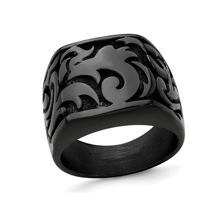 Mens Black Titanium Pattern Signet Ring Image 1