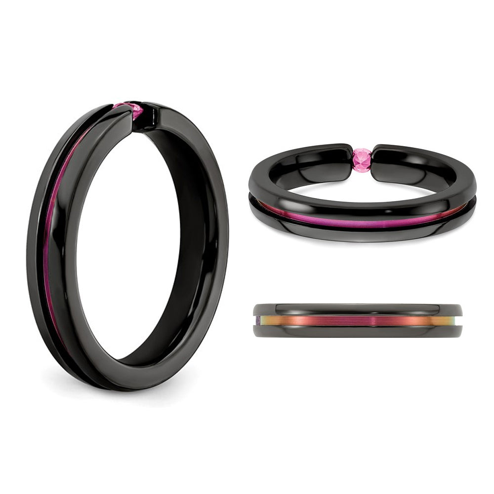 Ladies or Mens 1/10 Carat (ctw) Pink Sapphire Band Ring in Black Titanium Image 3