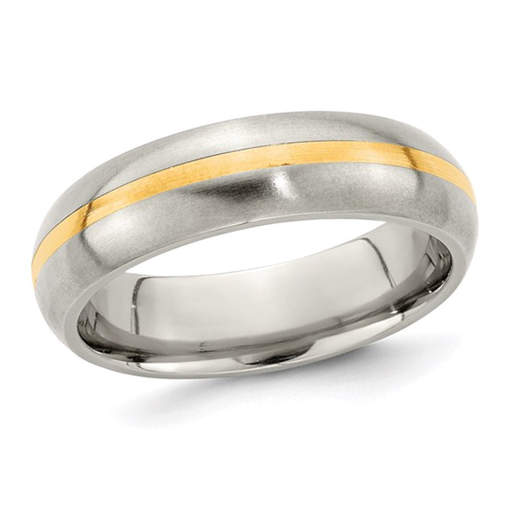 Mens 6mm Brushed Titanium Wedding Band Ring with 14K Gold Inlay Image 1