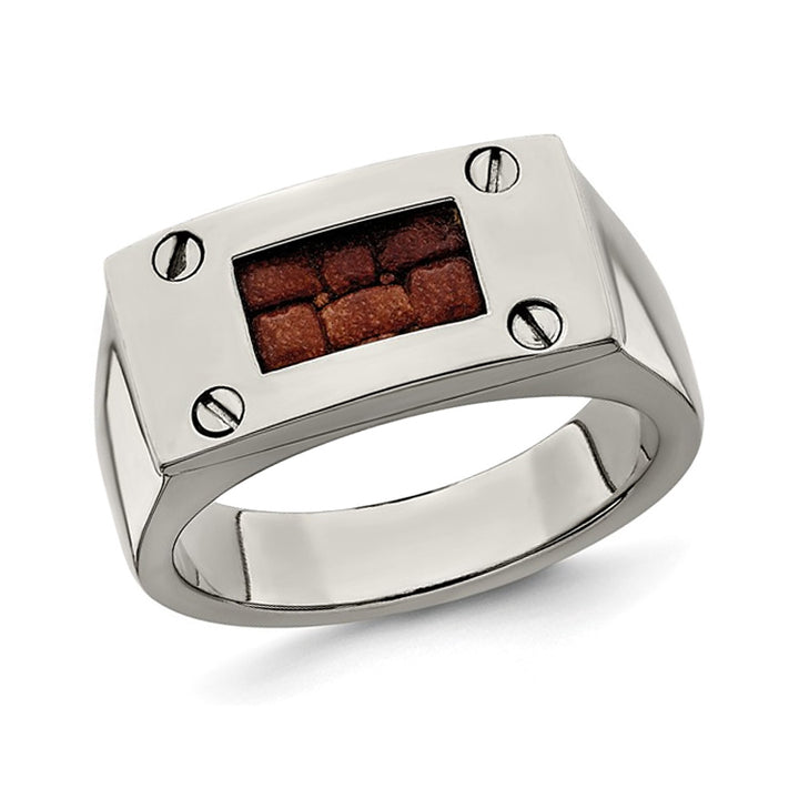 Mens Titanium Ring with Brown Leather Insert Image 1