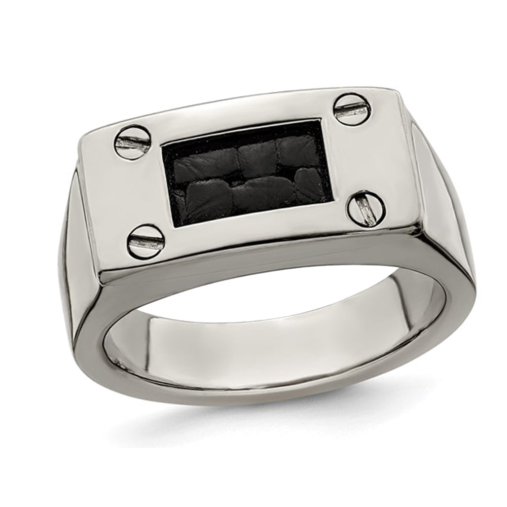 Mens Titanium Ring with Black Leather Insert Image 1