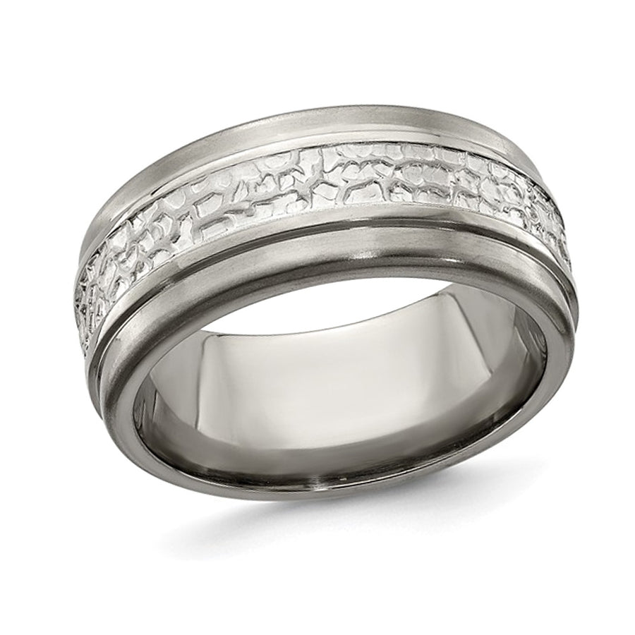 Mens Titanium and Sterling Silver 9mm Pattern Brushed Band Ring Image 1